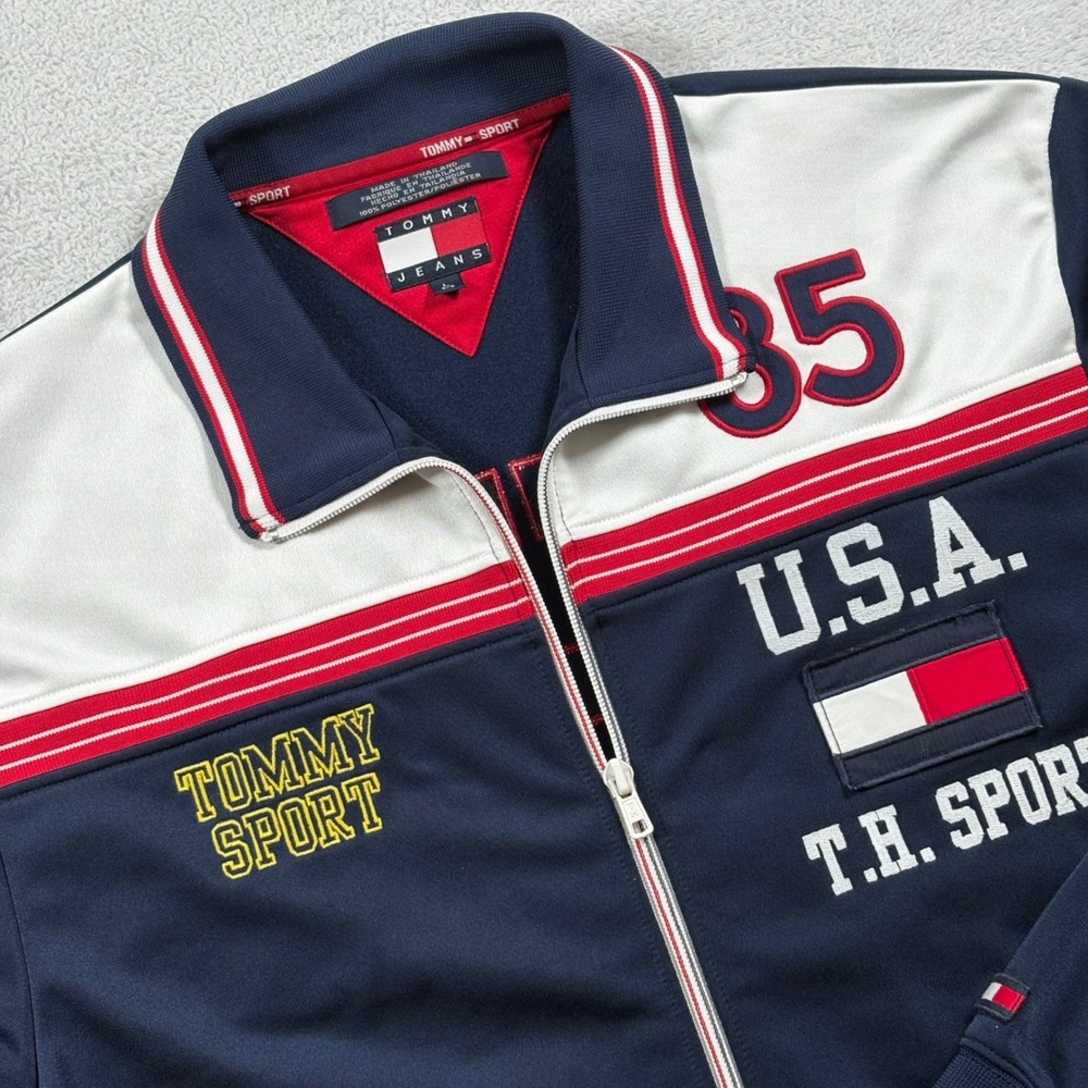 Vintage Tommy Sport‎ Mens Track Jacket Navy Blue USA 85 Full Zip Large Y2K 2001